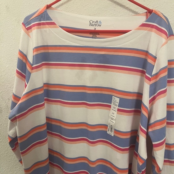 Croft & Barrow Boatneck 3/4  Blue Pink Sleeve Striped Top 2X NWT Plus Size - Picture 1 of 13